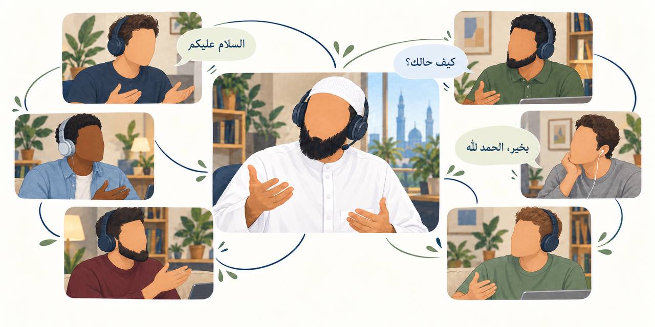 Illustration of an Arabic Correspondant guiding a live group conversation.